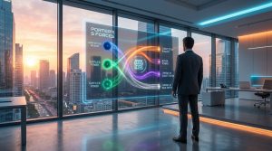 Un homme d'affaires regarde un hologramme interactif des 5 forces de Porter dans un bureau moderne avec vue sur la ville.