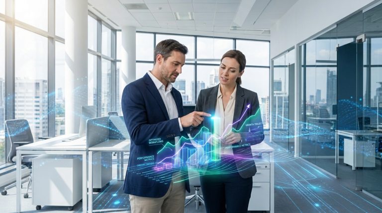 Un homme et une femme en tenue d'affaires analysant des graphiques de données numériques en 3D dans un bureau moderne.