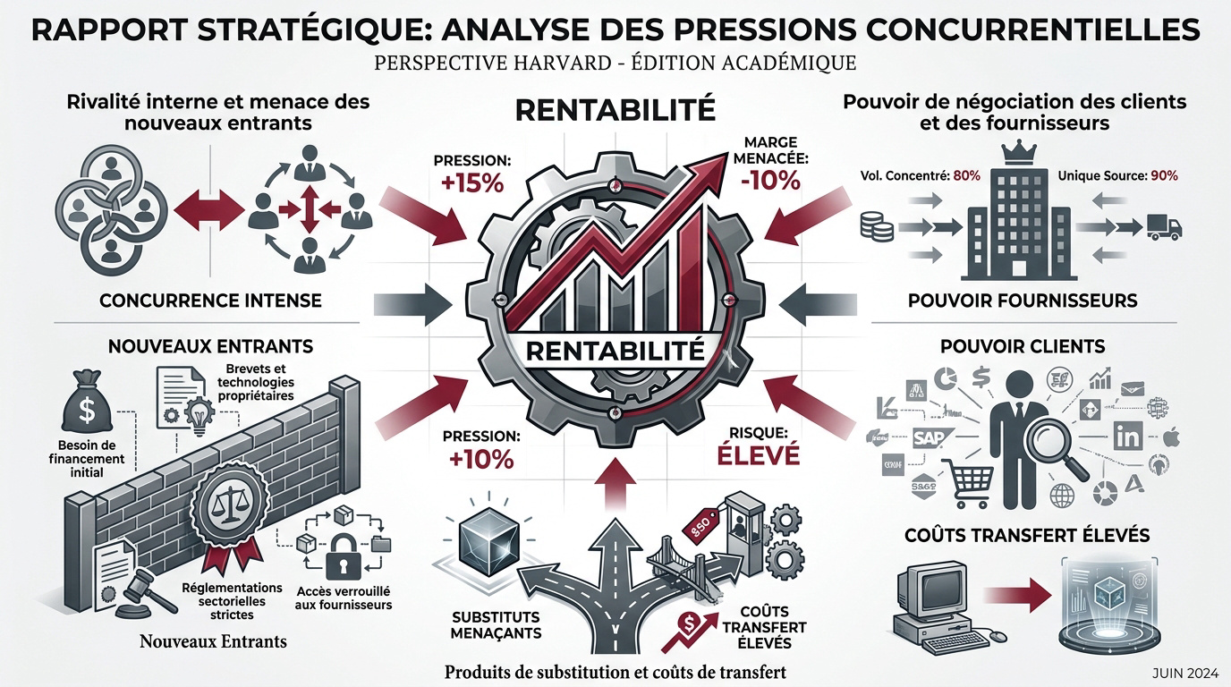 Schéma d'analyse des cinq forces de Porter illustrant les pressions concurrentielles