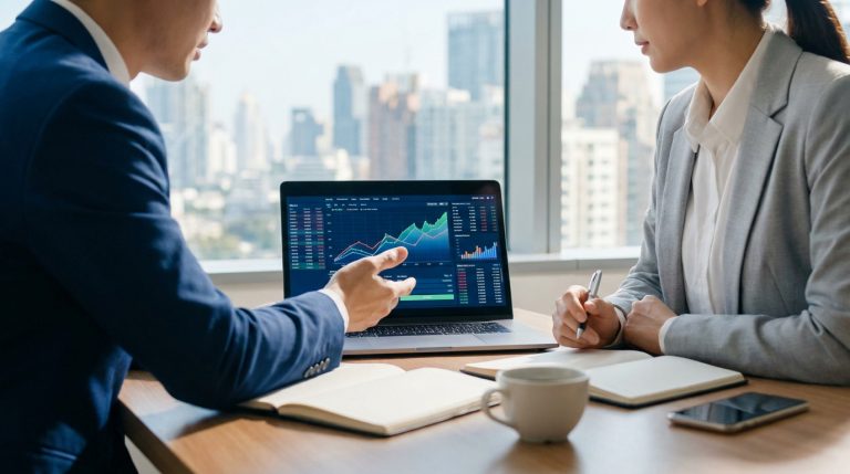 Deux professionnels analysant des graphiques financiers sur un ordinateur portable dans un bureau avec vue sur la ville.