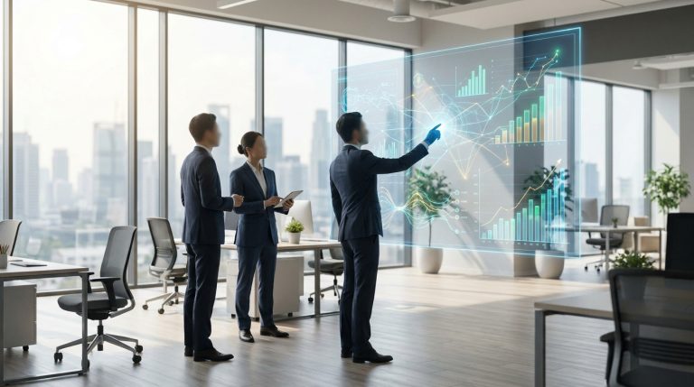 Trois professionnels en costume analysent des graphiques de performance sur un écran holographique en entreprise.