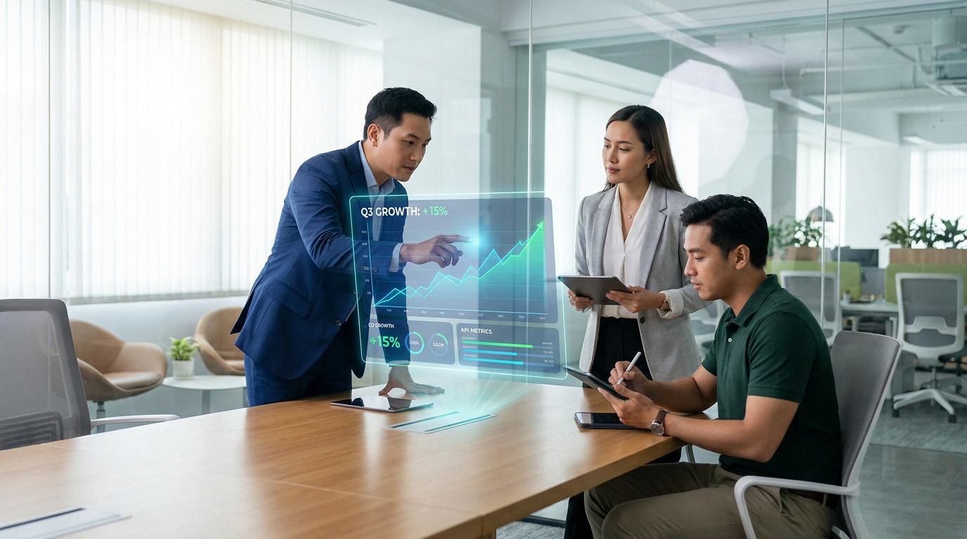 Une équipe analysant une projection holographique de données de croissance dans un bureau moderne.