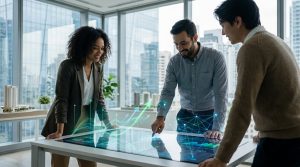 Une équipe diversifiée travaille sur une table tactile interactive affichant des graphiques de données et des courbes.