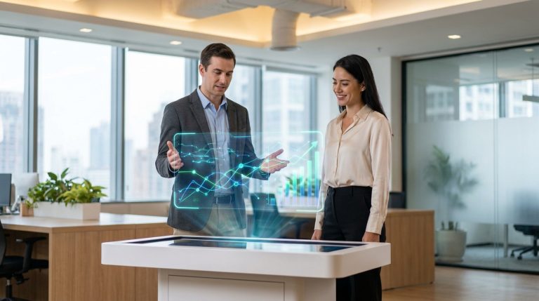 Homme et femme en entreprise analysant des graphiques de données numériques holographiques sur une table tactile.