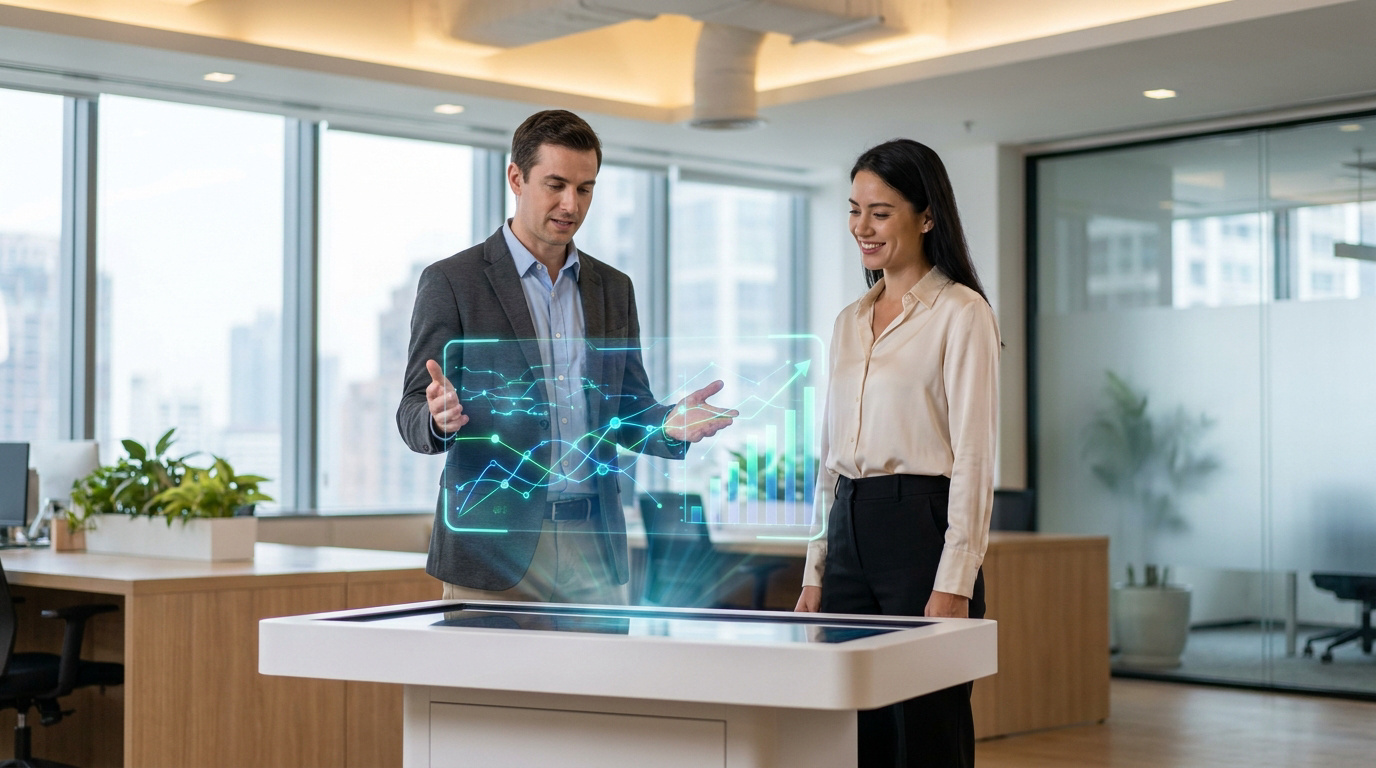 Homme et femme en entreprise analysant des graphiques de données numériques holographiques sur une table tactile.