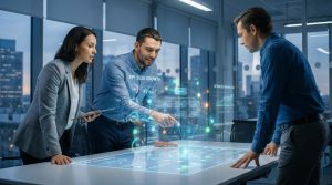 Équipe travaillant sur une interface holographique interactive affichant des données de croissance et de flux de travail.