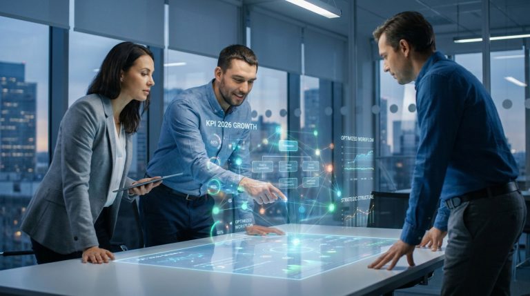 Équipe travaillant sur une interface holographique interactive affichant des données de croissance et de flux de travail.