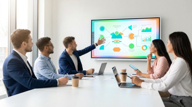 Une équipe de professionnels autour d'une table, un collaborateur présente un diagramme sur un écran numérique.
