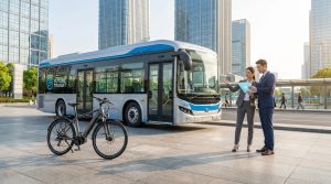 Deux professionnels discutant devant un bus électrique moderne et un vélo à assistance électrique en zone urbaine.