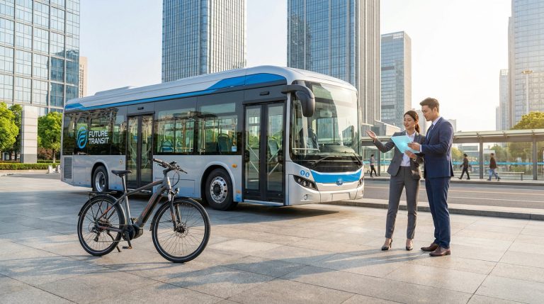 Deux professionnels discutant devant un bus électrique moderne et un vélo à assistance électrique en zone urbaine.