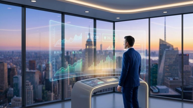 Homme d'affaires en costume observant des graphiques de données en réalité augmentée face à une vue panoramique urbaine.