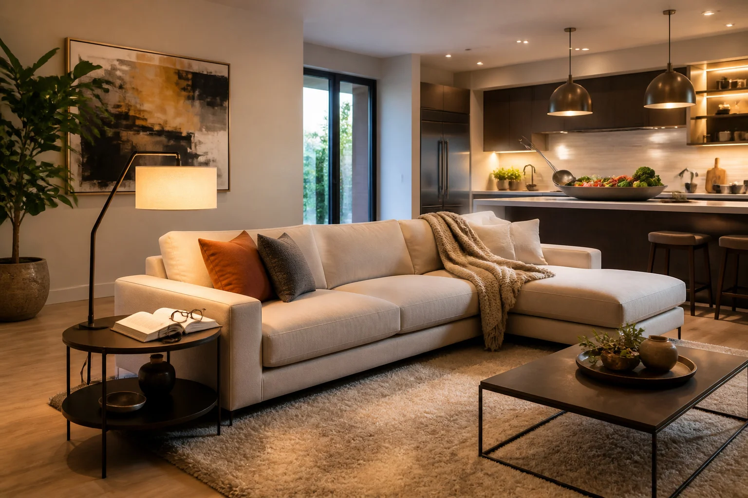 Salon moderne et cuisine epuree